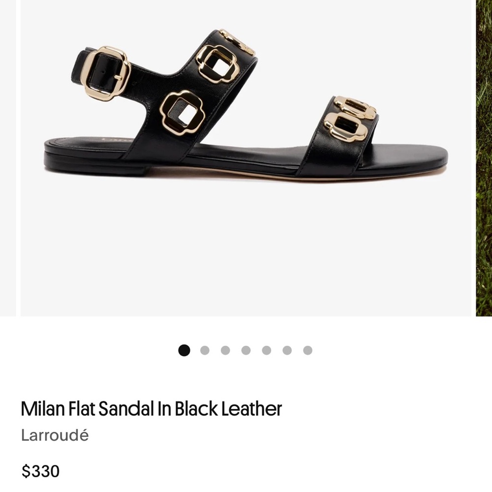 Larroude Black Leather Milan Flat Sandals with Gold Buckles